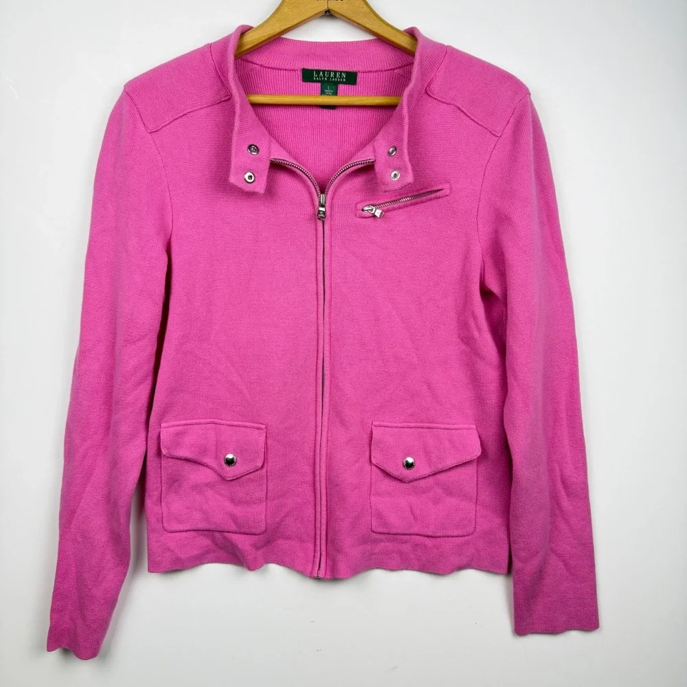 Lauren Ralph Lauren Pink Moto Full Zip Knit Cardigan Sweater Large